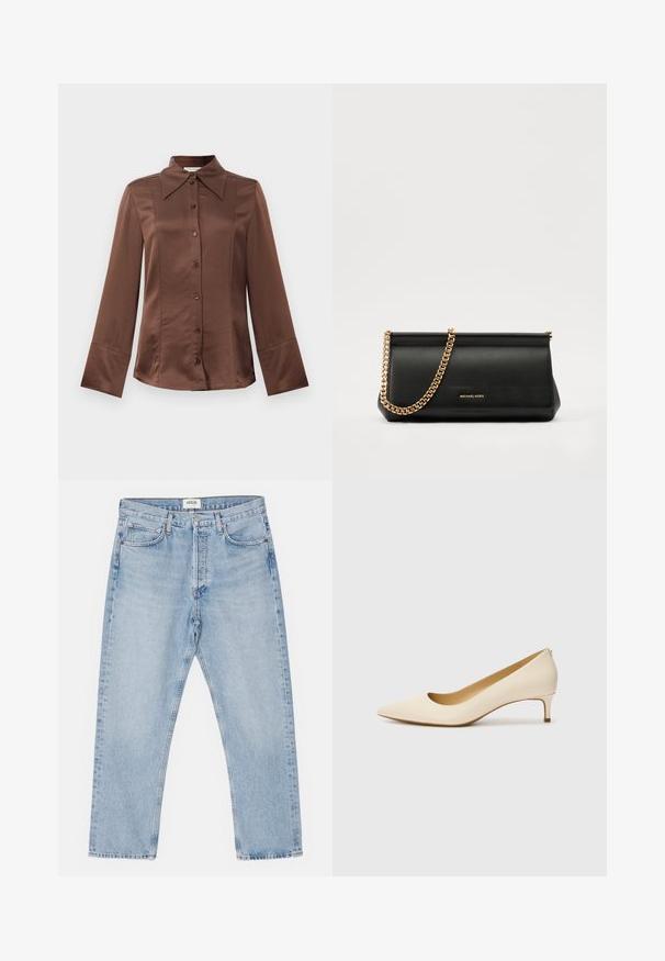 Rjava satenska srajca s klasičnim ovratnikom, dolgimi rokavi in sprednjim zapiranjem na gumb. Zaznamuje jo gladka tekstura in prilagojen kroj.; Svetlo modri kavbojki z klasik štiričetrtno nogavico, petimi žepi in gumbom na sprednji strani, z rahlim bledenjem in trdno teksturo.; Bež čevlji s koničastim prstom, izdelani iz gladkega sintetičnega materiala, z nizko peto in obliko, ki omogoča enostavno natikanje, ter subtilnim detajlom na hrbtni strani.; Črna usnjena torbica z zlatim verižnim trakom, z gladko teksturo, pravokotno obliko in embosiranim logotipom spredaj.
