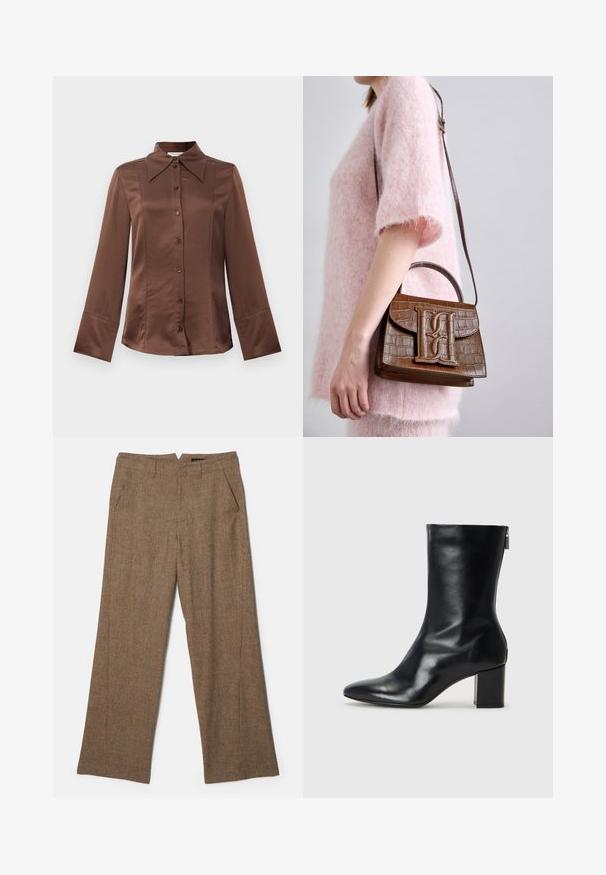 Chemise en satin marron avec un col classique, des manches longues et une fermeture à boutons sur le devant. Notable pour sa texture lisse et sa coupe ajustée.; Pantalons marron à jambe large en tissu texturé avec un motif à carreaux subtil, dotés de deux poches latérales et d'une taille mi-haute.; Bottine en cuir noir avec un bout pointu et un talon carré de 4 cm. Design élégant avec une fermeture éclair sur le côté pour un enfilage facile. Texture lisse.; Sac à main en cuir d'alligator brun avec une poignée supérieure et une bandoulière. Présente un logo proéminent sur le rabat avant. Texture douce.