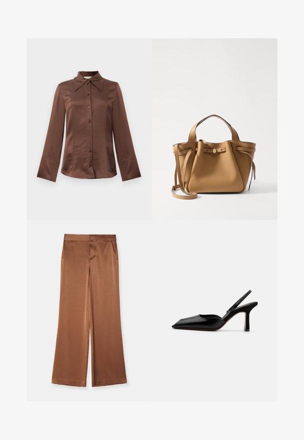 Barna selyem ing klasszikus gallérral, hosszú ujjal és elülső gombos záródással. Jellemzője a sima textúra és a testhezálló fazon.; Barna, bővülő szárú, szatén anyagú nadrág, oldalsó zsebekkel, sima felülettel és formázott derékpánttal a rendezett illeszkedés érdekében.; Fekete bőr szandál sarkú cipő hegyes orral, minimalist designnal, vékony bokapánttal és karcsú tűsarkúval. Sima textúra.; Tory Burch ROMY PEBBLED SATCHEL - Kézitáska - tiramisu