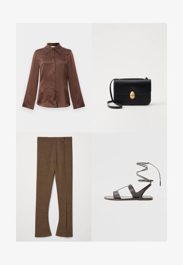 Chemise en satin marron avec un col classique, des manches longues et une fermeture à boutons sur le devant. Notable pour sa texture lisse et sa coupe ajustée.; Pantalons évasés en vichy marron avec un tissu texturé, une taille haute et une fermeture éclair sur le côté.; Sandale en cuir marron avec une semelle plate, affichant un design minimaliste, une sangle de cheville incurvée et plusieurs découpes pour la respirabilité.; Sac à main en cuir noir avec une forme rectangulaire structurée. Équipé d'un fermoir ovale doré et d'une fine bandoulière. Texture lisse.