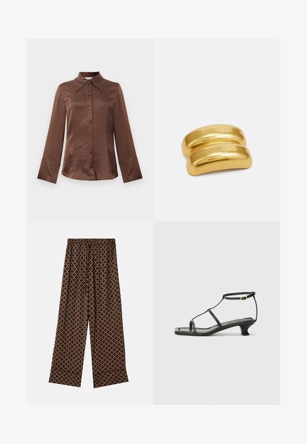 Ruskea satiinipaita, jossa on klassinen kaulus, pitkät hihat ja etupainonappi. Tunnetaan sileästä tekstuuristaan ja muotoonommellusta istuvuudestaan.; Ruske leve hlače širokih nogavica z geometrijskim vzorcem v bež barvi. Imajo elastičen pas z vrvico. Lahka tkanina, gladka tekstura.; Musta nahkasaapas, jossa on neliön muotoinen kärki, ohuet hihnat, säädettävä nilkkahihna ja matala korko. Hihnassa on pieni kultainen yksityiskohta.; Kultaisen metallin hiusklipsin sileä, pyöristetty muotoilu. Pinta on heijastava ja siinä on yhdistetty, kaareva muoto ilman lisäkoristeita.
