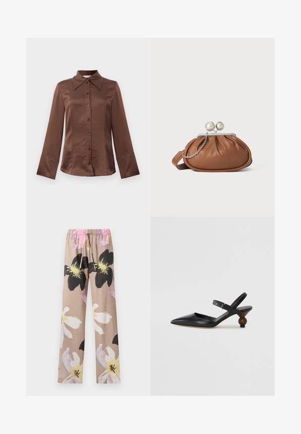 Bruine satijnen shirt met een klassieke kraag, lange mouwen en sluiting met knopen aan de voorkant. Opvallend door de gladde textuur en de getailleerde pasvorm.; Beige bloemenprint broek met grote zwart-witte bloemen ontwerpen, voorzien van een elastische tailleband met een roze trekkoord.; Zwarte leren slingbackshoe met een spitse neus, gebogen ontwerp en een ronde, houtachtige hak. Voorzien van een smalle enkelband.; Bruine leren clutch met een zilveren balsluiting en een klein zilveren kettingdetail op een witte achtergrond.