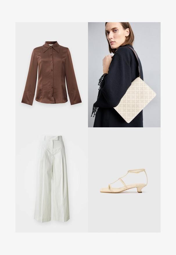 Camisa de satén marrón con cuello clásico, mangas largas y cierre frontal de botones. Destacada por su textura suave y su ajuste entallado.; Pantalones de pierna ancha en verde claro con rayas blancas verticales. Cuenta con una cintura alta, presillas para cinturón y una textura de algodón suave.; Sandalias de tacón en color beige con diseño de tira en T, puntera cuadrada, correa ajustable en el tobillo y un tacón bajo y cuadrado. Material de cuero suave.; Bolso de hombro beige con un patrón y una forma estructurada, que cuenta con una correa de textura marrón. Llevado por un modelo contra un fondo gris.