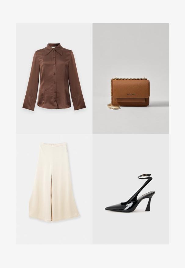 Brown satin shirt with a classic collar, long sleeves, and front button closure. Notable for a smooth texture and tailored fit.; Beige wide-leg trousers made of smooth fabric with a high waistband and soft drape. Features a loose fit and clean, simple lines.; Black patent leather slingback high heels with a pointed toe, adjustable ankle strap, and a moderate block heel. Smooth texture with glossy finish.; Brown textured leather crossbody bag with gold chain strap and flap closure. Front features logo detail and a pocket under the flap.