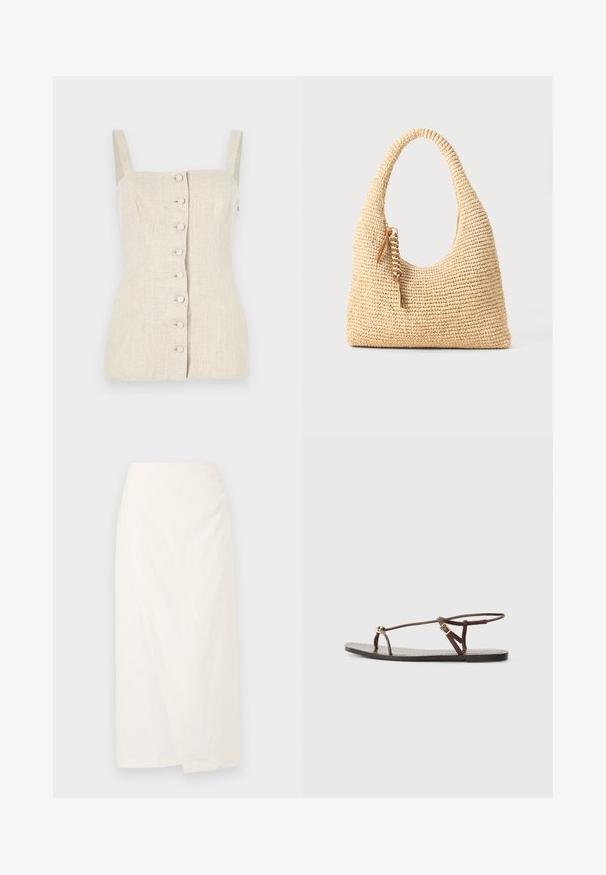 Beige linnen ermeløs topp med en tettsittende design, frontknapplukking og teksturert stoff. Har rettskårne skulderstropper.; Hvit knelengde skjørt laget av lettvektig stoff, med en innpakningsdesign og myk, teksturert overflate. Enkel, ren linje uten pynt.; Brune lær sandaler med tynde stropper, en gylden cirkulær detalje og en flad sål. Minimalistisk design med justerbar spænde.; Vevd beige håndveske med buet håndtak, teksturert overflate og en brun kvastdetalj. Har en avslappet, hobo-form.