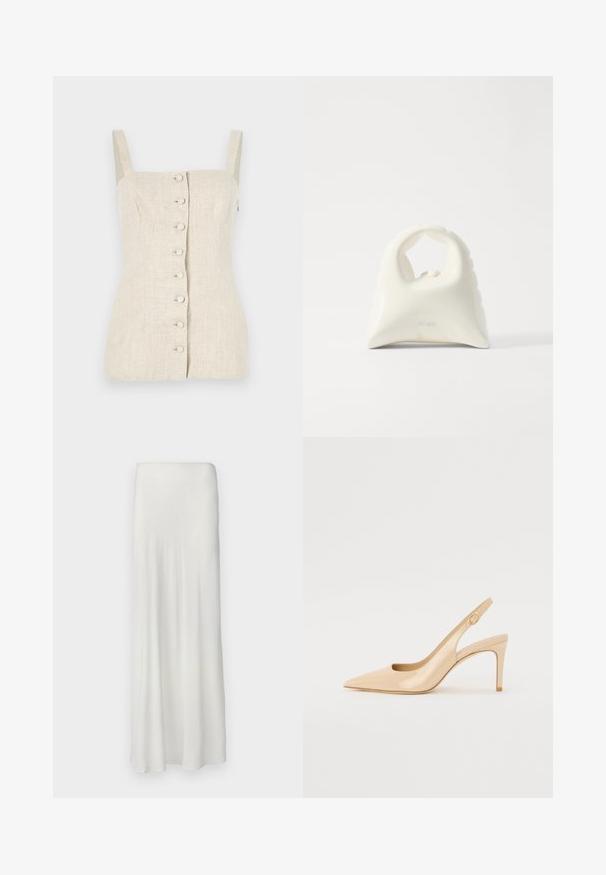 Beige Leinen ärmelloses Top mit tailliertem Design, vorderem Knopfverschluss und strukturiertem Stoff. Verfügt über gerade Schulterträger.; Langer, weißer Rock aus glattem, fließendem Stoff. Verfügt über einen einfachen, elastischen Bund und eine gerade Silhouette, die bis zu den Knöcheln reicht.; Nude patentleder Slingback-Absatzschuh mit spitzer Zehenpartie, offenem Vorderblatt und dünnem Stiletto-Absatz. Verfügt über ein kreisförmiges goldfarbenes Akzent auf dem Riemen.; Weiße Handtasche mit einem strukturierten, geschwungenen Design. Verfügt über einen auffälligen Griff und einen abgerundeten Boden, mit einer glatten Oberfläche und minimalem Beschlag.
