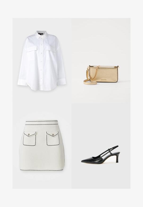 Weißes Button-Up-Hemd aus Baumwolle, mit klassischem Kragen, zwei Brusttaschen und langen Ärmeln mit Manschetten. Glatte Textur.; Weißer Minirock aus Stoff mit schwarzem Nähten, ausgestattet mit zwei vorderen Taschen mit Klappen und silbernen Knopf-Details. Glatte Textur mit strukturierter Form.; Schwarze Lack-Slingback-Pumps mit spitzem Zehenbereich, versehen mit strukturiertem Schlangenprint, verstellbarem Riemen und einem kurzen, strukturierten Blockabsatz.; Metallisch goldene Leder-Clutch mit strukturierter Oberfläche, ausgestattet mit einem goldenen Kettenriemen und einem abnehmbaren Schulterriemen. Markenlogo geprägt.