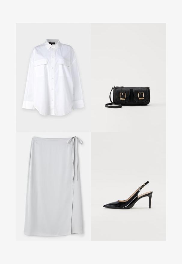 Chemise blanche à boutons en coton, présentant un col classique, deux poches poitrine et des manches longues avec poignets. Texture lisse.; Jupe enveloppante gris clair avec une texture lisse, fermeture à nouer sur le côté et une fente discrète sur le côté gauche. Design uni sans motifs ni accents.; Pompe slingback en cuir verni noir avec un bout pointu, un talon fin et un design de découpes subtil. Elle dispose d'une boucle dorée sur la sangle.; Sac en cuir noir porté en travers avec deux poches avant, boucles dorées, fermeture zippée et une sangle fine. Surface texturée et forme rectangulaire compacte.