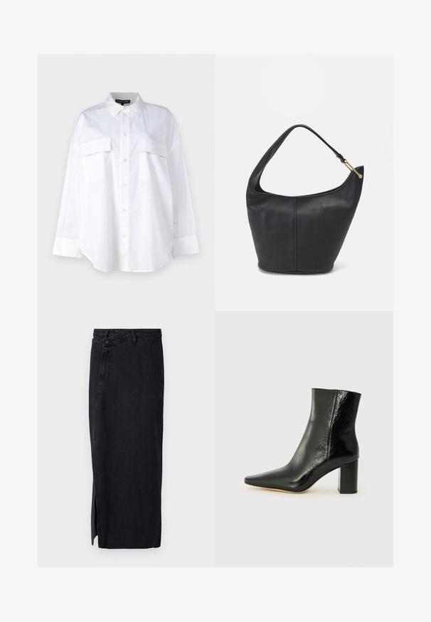 Hvid button-up skjorte lavet af bomuld, med en klassisk krave, to brystlommer og lange ærmer med manchetter. Glat tekstur.; Sort denimnederdel med høj talje, der har en sideslids og klassisk fem-lomme design. Glat tekstur og lige silhuet.; Sorte ankelstøvler lavet af blank læder med spidse tæer og en kraftig, kvadratisk hæl. Har en glat overflade og minimalistisk design.; Sort læderhandtaske med en rund form, bred rem og textured finish. Har en subtil sømdetalje og en hardware i gyldent tone.