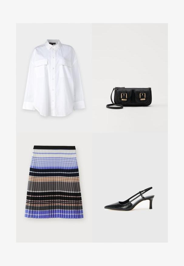 Chemise blanche à boutons en coton, présentant un col classique, deux poches poitrine et des manches longues avec poignets. Texture lisse.; MUNTHE MARMING - Jupe trapèze - multi-coloured; Escarpin slingback en vernis noir avec un bout pointu, présentant un imprimé serpent texturé, une sangle réglable et un petit talon bloc texturé.; Sac en cuir noir porté en travers avec deux poches avant, boucles dorées, fermeture zippée et une sangle fine. Surface texturée et forme rectangulaire compacte.