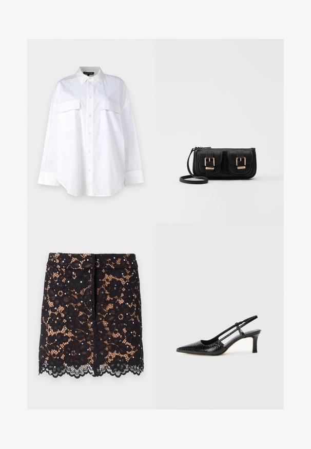 Hvit knapp-up skjorte laget av bomull, med klassisk krage, to brystlommer og lange ermer med mansjetter. Glatt tekstur.; Svart blondekjole med blomstermønster, dekorative rhinestones, en scalloped kant, og en tettsittende design. Henger til midt på låret.; Sorte patent slingback hæl med spids tå, featuring tekstureret slangeskind, justerbar rem og en kort, tekstureret blokhæl.; Svart skinn crossbody veske med to frontlommer, gyldne spenner, glidelåslukking og en slank stropp. Teksturert overflate og kompakt rektangulær form.