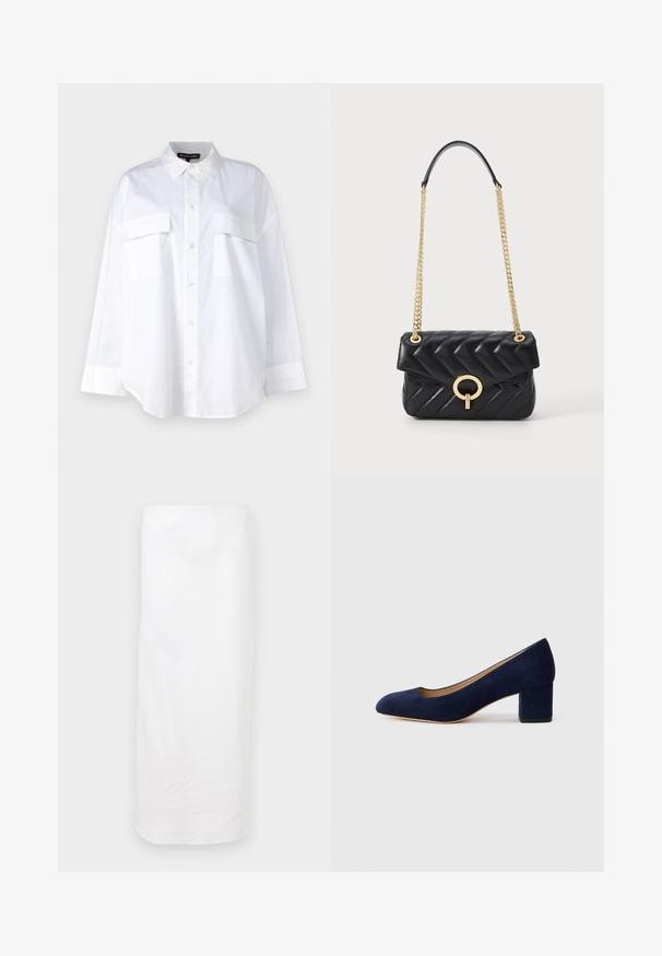Chemise blanche à boutons en coton, présentant un col classique, deux poches poitrine et des manches longues avec poignets. Texture lisse.; Jupe blanche, longueur genou, fabriquée en tissu lisse. Présente un design simple et droit avec une taille élastique. Aucun motif ou accent visible.; Escarpin en daim bleu marine avec un bout pointu et un talon bloc de hauteur intermédiaire. Texture lisse avec un subtil éclat et une petite découpe à l'avant.; Sac à main en cuir matelassé noir avec une bandoulière en chaîne dorée, présentant un fermoir à rabat en or arrondi. Forme rectangulaire compacte.