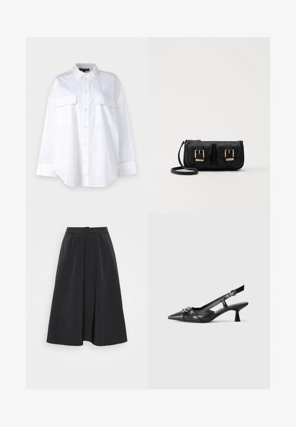 Fehér gombos ing, pamutból készült, klasszikus gallérral, két mellzsebével és hosszú ujjaival, amelyek mandzsettával rendelkeznek. Sima textúra.; Fekete midi szoknya sima anyagból, megkötött derekkal és finom redőkkel, amelyek légies siluettet formálnak.; Fekete bőr slingback cipő hegyes orral, dekoratív pántokkal, fém szemekkel és alacsony blokk sarkú. Texturált felület.; Fekete bőr keresztbody táska két elülső zsebbel, arany csattokkal, cipzáras záródással és vékony pánttal. Textúrált felület és kompakt téglalap alak.