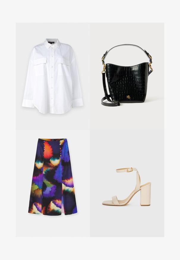 Biała koszula zapinana na guziki, wykonana z bawełny, z klasycznym kołnierzykiem, dwoma kieszeniami na piersi oraz długimi rękawami z mankietami. Gładka tekstura.; PS Paul Smith - Spódnica ołówkowa; Beżowe sandały na obcasie z kwadratowym noskiem, cienkim paskiem na kostce i słupkowym obcasem. Gładka skórzana faktura z detalem w postaci złotej klamry.; Czarna torba ze skóry z tłoczeniem w krokodylą skórę o zaokrąglonym kształcie, z akcentami ze złotego metalu, regulowanym paskiem oraz detalem logo z przodu.