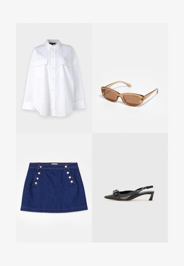 Balts pogtukša krekls, izgatavots no kokvilnas, ar klasisku apkakli, divām krūšu kabatām un garām piedurknēm ar aprocēm. Gluda tekstūra.; FRAME SAILOR SNAP SKIRT - Džinsa auduma svārki - celestine; Melnas ādas siksnu kurpes ar smailu pirkstu, nelielu papēdi un dekoratīvu sprādzi augšdaļā. Gluda tekstūra, minimālistisks dizains.; Brūni tonēti saules brilles ar taisnstūra formu, caurspīdīga brūna plastmasas rāmis un diskreta logo detalizācija malās.; Melnas ādas crossbody soma ar divām priekšējām kabatām, zelta sprādzēm, ar rāvējslēdzēju aizdari un šauru siksnu. Strukturēta virsma un kompakta taisnstūra forma.