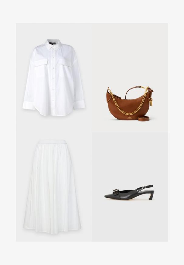 Biela košeľa na gombíky vyrobená z bavlny, s klasickým golierom, dvoma náprsníkovými vreckami a dlhými rukávmi s manžetami. Hladká textúra.; Biela sukňa po kolená vyrobená z ľahkej látky. Má elastický pás a hladké, plynulé skladanie pre jednoduchý pohyb.; Čierne kožené sandále s úzkym prstom, malým opätkom a dekoratívnou sponou na vrchnej časti. Hladká textúra, minimalistický dizajn.; Hnedá kožená kabelka s zakriveným dizajnom, zlatým reťazovým popruhom, vnútornou kapsou a odnímateľným ramenným popruhom. Obsahuje kontrastné švy.