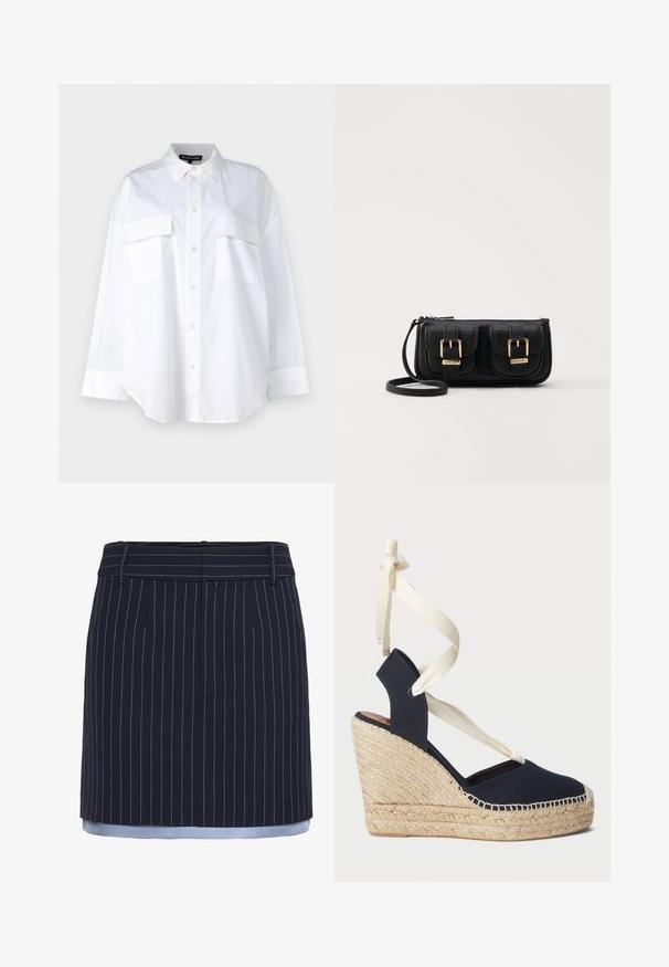 Bílá košile na knoflíky vyrobená z bavlny, s klasickým límcem, dvěma náprsními kapsami a dlouhými rukávy s manžetami. Hladká textura.; Námořnická sukně s pruhy a rovný střih, s lehce modrými akcenty na spodním lemu, vyrobená z texturované tkaniny a se širokým pasem.; Námořnické plátěné klínové sandály s espadrilkovou podešví z provazu a krémovými stužkami kolem kotníku. Uzavřená pata a kulatá špička.; Černá kožená crossbody taška se dvěma předními kapsami, zlatými přezkami, zipovým uzávěrem a štíhlým popruhem. Texturovaný povrch a kompaktní obdélníkový tvar.