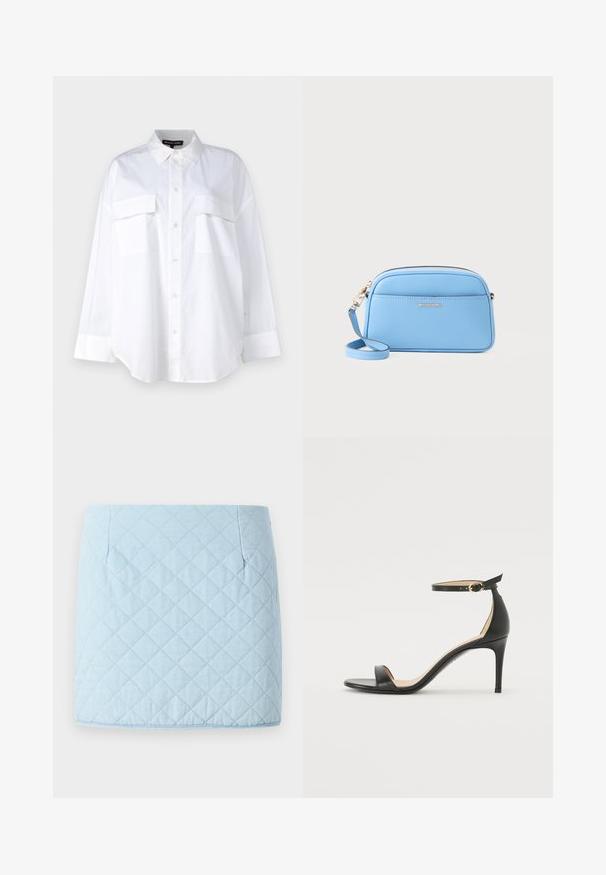 Balta mygtukinė marška, pagaminta iš medvilnės, su klasikinio stiliaus apykakle, dviem krūtinės kišenėmis ir ilgomis rankovėmis su rankogaliais. Lygaus tekstūros.; Šviesiai mėlyna ketvirto dugno sijonas su deimanto raštu, turintis dvi šonines kišenes ir tiesų apatinį kraštą. Pagamintas iš tekstūruotos medžiagos.; Juodos oda aukštakulniai sandalai su kulkšnies dirželiu. Pasižymi lygiu paviršiumi, atviru pirštu ir plonu kulnu. Auksinės spalvos sagties detalė.; Šviesiai mėlyna odinė per Petį nešama rankinė su auksinės spalvos detalėmis, užtrauktuko uždarymu ir priekinėmis kišenėmis. Yra reguliuojama dirželis patogumui.