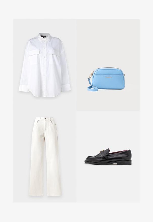White button-up shirt made of cotton, featuring a classic collar, two chest pockets, and long sleeves with cuffs. Smooth texture.; White wide-leg pants made of denim, featuring a button closure, belt loops, and five-pocket design. Smooth texture with visible stitching.; Black leather loafers with a stitched pattern, smooth texture, gold buckle detail, and a rounded toe, set on a low black sole.; Light blue leather crossbody bag with gold-tone hardware, zip closure, and a front pocket. Features an adjustable strap for convenience.