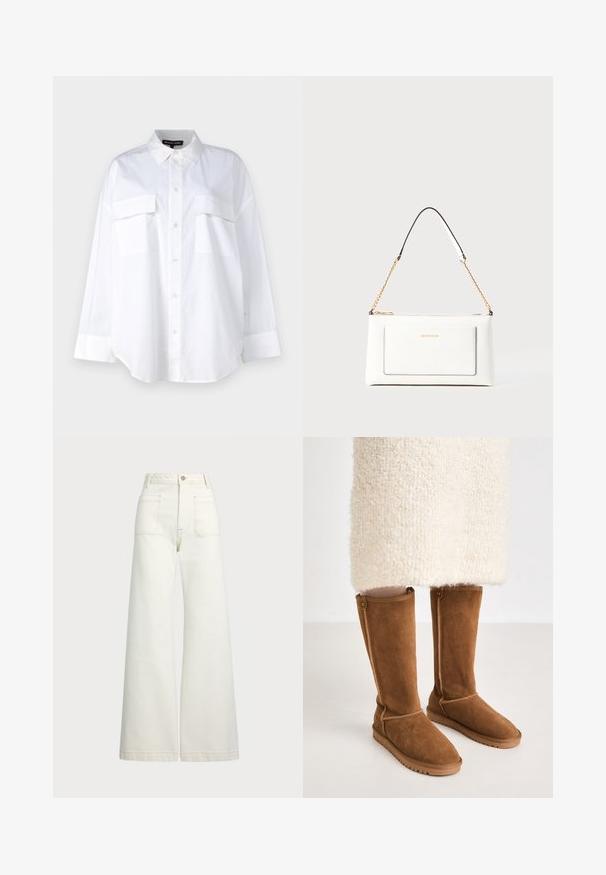 White button-up shirt made of cotton, featuring a classic collar, two chest pockets, and long sleeves with cuffs. Smooth texture.; Wide-leg jeans in off-white denim. High-waisted design with a button closure, two front pockets, and contrast stitching details.; Knee-high brown suede boots with a smooth texture, featuring side stitching and a rubber sole for traction.; White leather handbag with a textured finish, featuring a gold chain strap and black accents. Includes a front pocket and zipper closure.