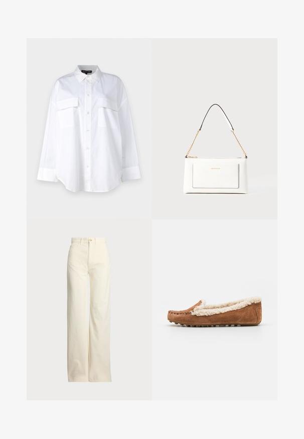 Hvit knapp-up skjorte laget av bomull, med klassisk krage, to brystlommer og lange ermer med mansjetter. Glatt tekstur.; Polo Ralph Lauren COTTON CORDUROY WIDE-LEG PANT - Bukse - warm white; Brune semskede tøffel med hvit fleecefôr, mokkasinsøm, flat gummisåle og rund tådesign.; Hvit lærveske med teksturert overflate, utstyrt med gullkjede for å bære over skulderen og svarte detaljer. Inkluderer en frontlomme og glidelås.