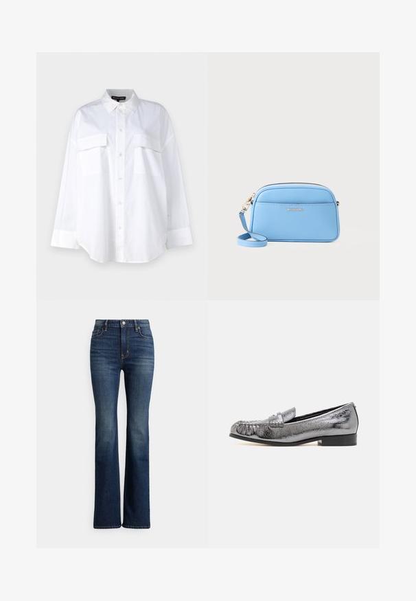 Valkoinen nappipaitapusero, joka on valmistettu puuvillasta ja jossa on klassinen kaulus, kaksi rintataskua sekä pitkät hihat, joissa on hihansuut. Suorapintainen rakenne.; Tummansiniset korkevavyötäröiset bootcut-farkut, joissa edessä olevat napit ja taskut, hieman haalistumaa reisien ja polvien kohdalla, valkoisella taustalla esiteltynä.; Metallihohtoinen hopeinen nahkaloaferi, jossa on teksturoitu pinta, fringeyksityiskohta ja matala musta korko. Klassinen ja virtaviivainen muoto.; Vaaleansininen nahkainen crossbody-laukku, jossa on kultasävytetty metalliosat, vetoketjukiinnitys ja etutasku. Mukana säädettävä olkahihna käytännöllisyyden vuoksi.