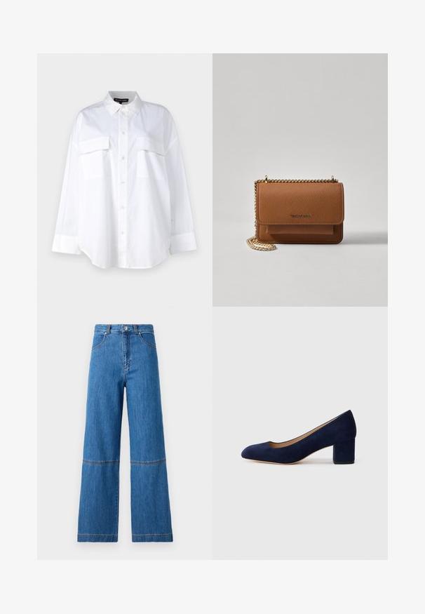 Fehér gombos ing, pamutból készült, klasszikus gallérral, két mellzsebével és hosszú ujjaival, amelyek mandzsettával rendelkeznek. Sima textúra.; Széles lábú kék farmernadrág magas derékkal, dupla varrással a térd magasságában és struktúrált anyaggal.; Tengerészkék velúr, hegyes orrú pumpa, középmagas tömbsarkúval. Simítású felület finom fénylő hatással, elöl egy kis kivágással.; Barna textúrájú bőr keresztbody táska arany lánc pánttal és fedélzárral. Az elején logó részlet és egy zseb található a fedél alatt.