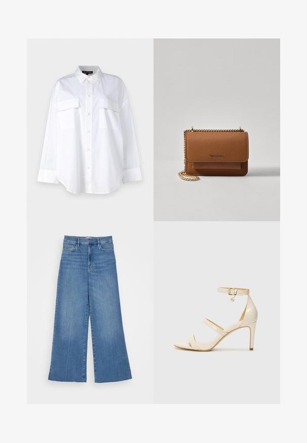 Hvit knapp-up skjorte laget av bomull, med klassisk krage, to brystlommer og lange ermer med mansjetter. Glatt tekstur.; FRAME PALAZZO RAW FRAY - Wide leg - clearwater; Beige høyhælte sandaler med tynn ankelstropp og to stropper over. Glanset lakkfinish og detaljer i gull på ankelstroppen.; Brun teksturert lær crossover-veske med gullkjede-stropp og klaffelukking. Fronten har logo-detalj og en lomme under klaffen.