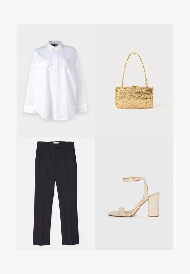 Hvit knapp-up skjorte laget av bomull, med klassisk krage, to brystlommer og lange ermer med mansjetter. Glatt tekstur.; Tiger of Sweden Chinos - charcoal; Beige høyhælte sandaler med firkantet tå, tynn ankelrem og blokk hæl. Glatt skinntekstur med gullspenne detaljer.; Gullfarget paljetter clutch med rektangulær form, utstyrt med en tvunnet kjedehåndtak og en metallspenne, som reflekterer lys med en teksturert overflate.