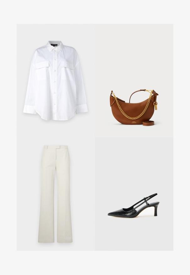 Balta mygtukinė marška, pagaminta iš medvilnės, su klasikinio stiliaus apykakle, dviem krūtinės kišenėmis ir ilgomis rankovėmis su rankogaliais. Lygaus tekstūros.; Kreminės plačios kojos kelnės su lygiu paviršiumi, diržo kilpelėmis, plokščiu priekiu ir be kišenių. Prisiūtas siluetas su švariu, minimalistišku dizainu.; Juodai lakuoti slingback aukštakulniai su smailiu nosiu, su tekstūruotu gyvatės raštu, reguliuojama juosta ir trumpu, tekstūruotu blokiniu kulnu.; Ruda odinė rankinė su kreiviu dizainu, auksinės grandinėlės dirželiu, vidiniu kišeniu ir nuimamu peties dirželiu. Yra kontrastingų siūlių.