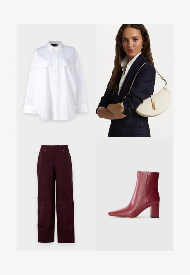 Balta mygtukinė marška, pagaminta iš medvilnės, su klasikinio stiliaus apykakle, dviem krūtinės kišenėmis ir ilgomis rankovėmis su rankogaliais. Lygaus tekstūros.; Burgundi spalvos kelnės su laisvu siluetu, pasižyminčios lygiu paviršiumi, dviem priekinėmis kišenėmis ir dviem dekoratyvinėmis sagomis ties liemeniu.; Burgundi odos kulkšniai batai su smailiu priekiu, blokiniu kulnu ir lygiu paviršiumi, be matomų stembių dizaino elementų.; Balta odinė rankinė, lenkto dizaino, su auksiniais elementais ir tekstūruota apdaila, dėvima su tamsiu švarku ir baltu marškiniu.