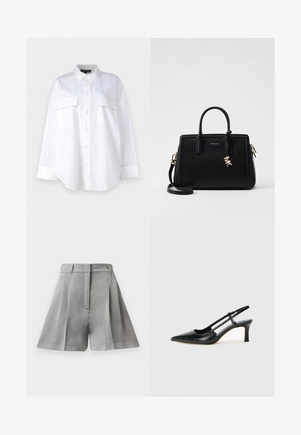 Hvit knapp-up skjorte laget av bomull, med klassisk krage, to brystlommer og lange ermer med mansjetter. Glatt tekstur.; Grå plissert shorts laget av glatt stoff, med høy midje, frontlommer og skreddersydd design med rene linjer.; Sorte patent slingback hæl med spids tå, featuring tekstureret slangeskind, justerbar rem og en kort, tekstureret blokhæl.; Svart skinnhåndveske med strukturert design, doble topphåndtak, avtakbar skulderrem, gullfarget hardware og en logo-detalj.