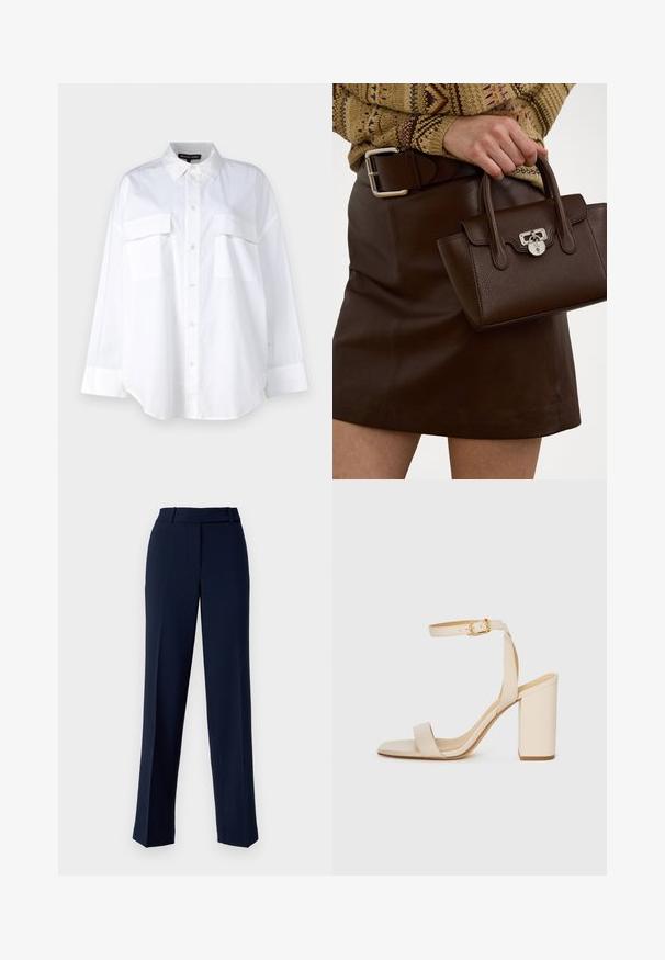 Valge puuvillane särk, millel on klassikaline krae, kaks rinna taskut ja pikad varrukad mansettidega. Sile tekstuur.; Tumed dressipüksid, mis on valmistatud siledast kangast, sirge jalaga disainiga, vöökohaga silmuste ja ees olevate voldikute detailidega.; Beez värvi kõrge kontsaga sandaal ruudukujulise varba, peene pahkluu rihma ja plokknupuga. Sile nahk текстuur kuldse pandlaga detailiga.; pruun nahast käekott tekstuuriga viimistlusega ja hõbedase riistvaraga, hoituna käes pruun nahkse seeliku ja mustriga sviidiga.