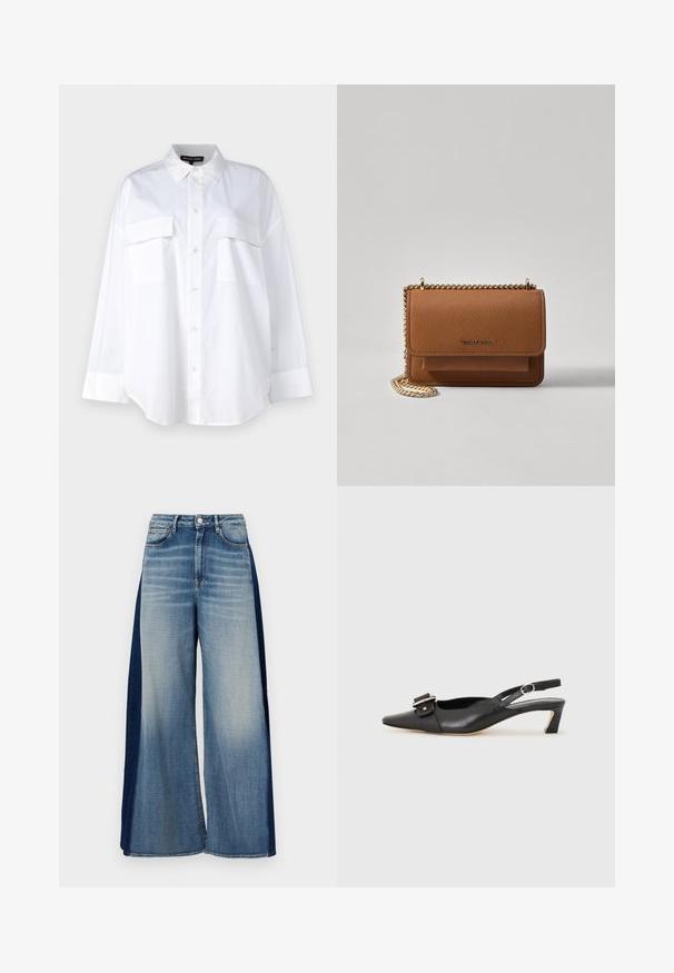 Balts pogtukša krekls, izgatavots no kokvilnas, ar klasisku apkakli, divām krūšu kabatām un garām piedurknēm ar aprocēm. Gluda tekstūra.; Plati kāju džinsi ar divu toņu dizainu, gaismas zilās priekšpuses un tumši zilajiem sānu paneļiem, ar klasisku jostu un pogu aizdari.; Melnas ādas siksnu kurpes ar smailu pirkstu, nelielu papēdi un dekoratīvu sprādzi augšdaļā. Gluda tekstūra, minimālistisks dizains.; Brūna teksturēta ādas plecu soma ar zelta ķēdes siksnu un atloka aizdari. Priekšpusē ir logotipa detaļa un kabata zem atloka.