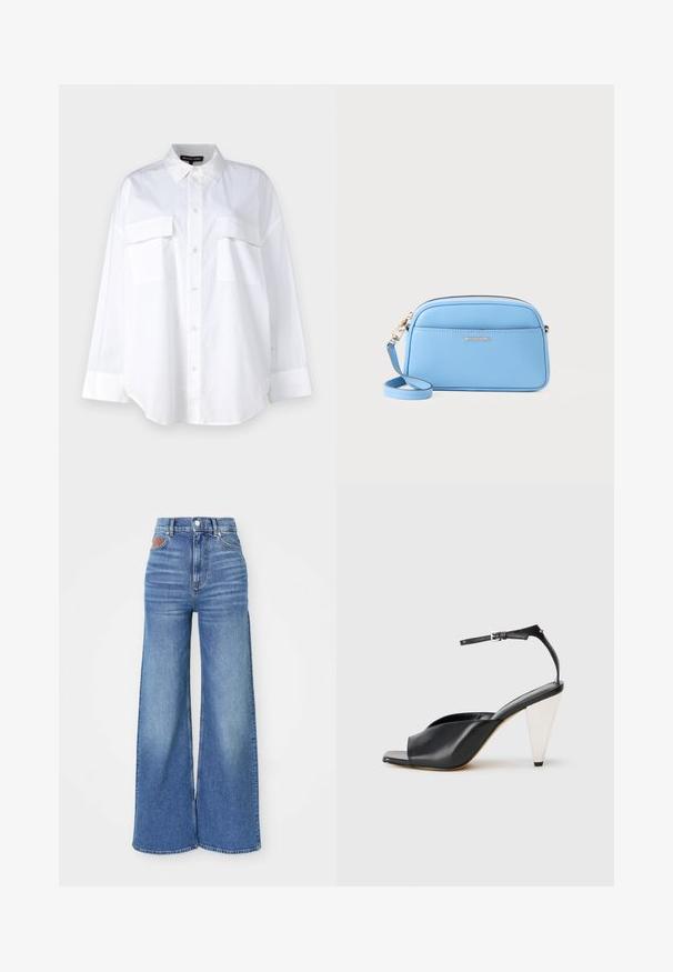 Hvid button-up skjorte lavet af bomuld, med en klassisk krave, to brystlommer og lange ærmer med manchetter. Glat tekstur.; Højtaljede vidde jeans i lys blå denim med en let falmning, med en knaplukning og læderdetalje bagpå taljen.; Sort læder højhælede sandaler med åben tå, asymmetrisk design, ankelrem og en metallisk kegleformet hæl. Glat tekstur hele vejen igennem.; Lyseblå læder crossbody-taske med hardware i guld tone, lynlås lukning og en frontlomme. Har en justerbar rem for bekvemmelighed.
