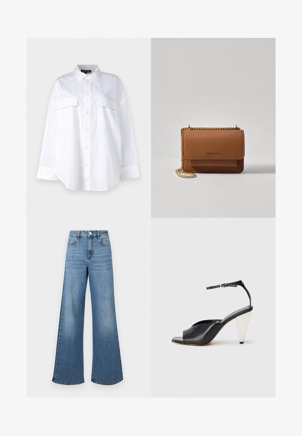 Valkoinen nappipaitapusero, joka on valmistettu puuvillasta ja jossa on klassinen kaulus, kaksi rintataskua sekä pitkät hihat, joissa on hihansuut. Suorapintainen rakenne.; Sinisiä leveälahkeisia farkkuja, joissa on haalistunut pinta, klassinen viiden taskun muotoilu ja metallinen napitus vyötäröllä.; Mustat nahkaiset korkokengät avonaisella varpaalla, epäsymmetrinen muotoilu, nilkkaremmi ja metallinen kartiomallinen korko. Tasainen pinta kauttaaltaan.; Ruskean teksturoidun nahkasta valmistettu crossbody-laukku, jossa on kultaketjuhihna ja läppäkiinnitys. Edessä on logodetail ja tasku läppäisen alla.