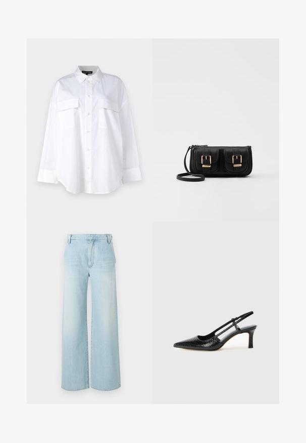Camicia bianca in cotone, con colletto classico, due tasche sul petto e maniche lunghe con polsini. Tessuto liscio.; Jeans a gamba larga blu chiaro realizzati in denim. Presentano una vita alta, design a cinque tasche e una leggera sfumatura con orlo pulito.; Slingback con tacco in vernice nera con punta affusolata, caratterizzato da una stampa a serpente testurizzata, cinturino regolabile e un tacco corto e testurizzato.; Borsa a tracolla nera in pelle con due tasche frontali, fibbie dorate, chiusura con zip e una tracolla sottile. Superficie texturizzata e forma rettangolare compatta.