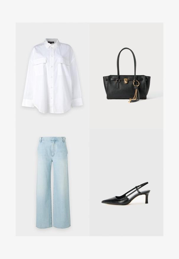 Valge puuvillane särk, millel on klassikaline krae, kaks rinna taskut ja pikad varrukad mansettidega. Sile tekstuur.; Heledad sinised laiad teksad, mis on valmistatud denimist. Omab kõrget vööd, viit taskut ja kerget kulumist, puhta äärisega.; Mustmust paelad, millel on terav varvas, tekstuuriga maduprindiga, reguleeritav rihm ja lühike tekstuuriga plokknina.; Must musta kott, millel on kahekordsed käepidemed, kuldne lukustus ja kett, ning must-valge tutikate aksessuaar valge tausta ees.