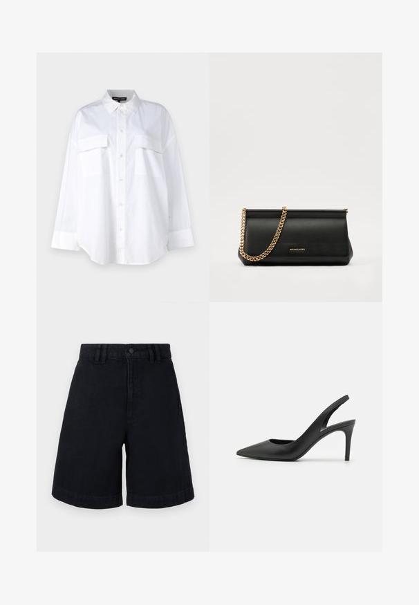 Valkoinen nappipaitapusero, joka on valmistettu puuvillasta ja jossa on klassinen kaulus, kaksi rintataskua sekä pitkät hihat, joissa on hihansuut. Suorapintainen rakenne.; Mustat denimpö shortsit suoraan leikkauksella, joissa on nappisuljenta, vyölenkit ja käännetyt helmat. Sujuva pinta, jossa on hienovaraisia ompeluyksityiskohtia.; Musta nahkainen slingback-korkokengät, joissa on terävä kärki, etuosassa leikkaus ja ohut stiletto-korko.; Musta nahkainen clutch-laukku, jossa on kultaketju, sileä pinta, suorakulmainen muoto ja kohokuvioitu brändimerkintä edessä.