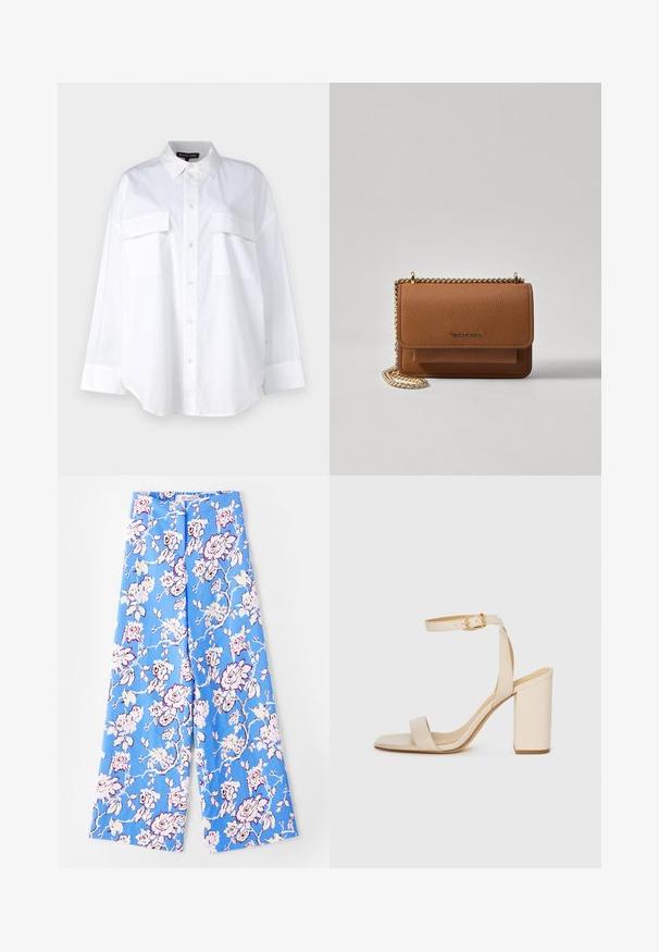 Valge puuvillane särk, millel on klassikaline krae, kaks rinna taskut ja pikad varrukad mansettidega. Sile tekstuur.; Sinised lillelised püksid, millel on pastellroosade mustritega kaunistus. Kude on sile, lõige on mugav, laiad jalad ja elastne vöökoht.; Beez värvi kõrge kontsaga sandaal ruudukujulise varba, peene pahkluu rihma ja plokknupuga. Sile nahk текстuur kuldse pandlaga detailiga.; Pruun tekstureeritud nahk ristkeha kott kuldse ahelaga rihmaga ja klapiga sulgemine. Esiküljel on logo detail ja tasku klapi all.
