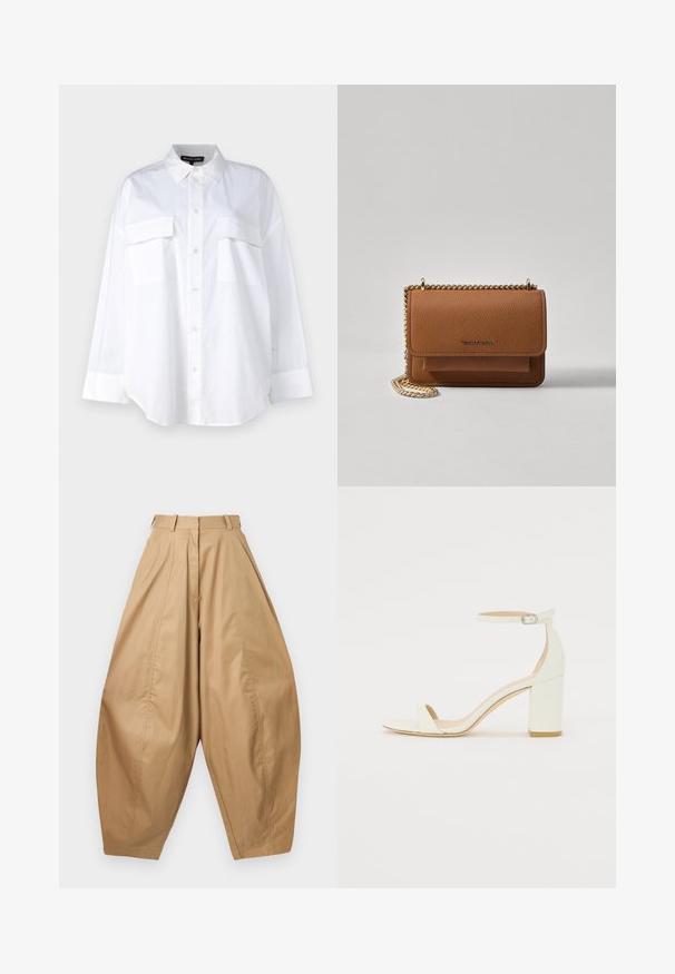 Balts pogtukša krekls, izgatavots no kokvilnas, ar klasisku apkakli, divām krūšu kabatām un garām piedurknēm ar aprocēm. Gluda tekstūra.; Augstās jostas, plats kājās beiges bikses ar gludumiem, jostas cilpiņām un šauriem apakšiem, izliktas pret balto fonu.; Balts ādas blokpārklājs ar siksniņu ap potīti, kurai ir sprādze un minimālistisks dizains. Atvērta purna un gludas virsmas visā apavā.; Brūna teksturēta ādas plecu soma ar zelta ķēdes siksnu un atloka aizdari. Priekšpusē ir logotipa detaļa un kabata zem atloka.