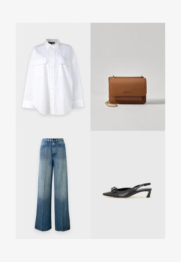 Hvit knapp-up skjorte laget av bomull, med klassisk krage, to brystlommer og lange ermer med mansjetter. Glatt tekstur.; Lys blå, vide jeans laget av denim. Har høy midje, klassisk fem-lomme design, og en falmet gradient fra mørk til lys.; Svarte skinn slingback-sko med spiss tå, liten hæl og dekorativ spenne-detalj på overdelen. Glatt tekstur, minimalistisk design.; Brun teksturert lær crossover-veske med gullkjede-stropp og klaffelukking. Fronten har logo-detalj og en lomme under klaffen.