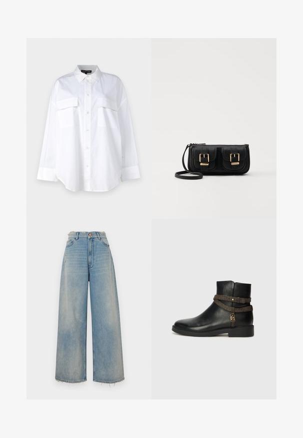 White button-up shirt made of cotton, featuring a classic collar, two chest pockets, and long sleeves with cuffs. Smooth texture.; Light blue denim wide-leg jeans with a frayed hem, five pockets, and a button closure. Features slight distressing on the front.; Black leather ankle boot with a flat sole, featuring a brown patterned strap and gold-tone hardware detail. Smooth texture.; Black leather crossbody bag with two front pockets, gold buckles, zipper closure, and a slim strap. Textured surface and compact rectangular shape.