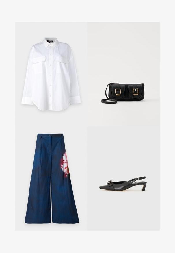 Balts pogtukša krekls, izgatavots no kokvilnas, ar klasisku apkakli, divām krūšu kabatām un garām piedurknēm ar aprocēm. Gluda tekstūra.; Platas kājas bikses tumši tumši zila auduma, ar ziedu rakstu rozā un dzeltenā krāsā vienā pusē, ar pogas aizdari jostasvietā.; Melnas ādas siksnu kurpes ar smailu pirkstu, nelielu papēdi un dekoratīvu sprādzi augšdaļā. Gluda tekstūra, minimālistisks dizains.; Melnas ādas crossbody soma ar divām priekšējām kabatām, zelta sprādzēm, ar rāvējslēdzēju aizdari un šauru siksnu. Strukturēta virsma un kompakta taisnstūra forma.