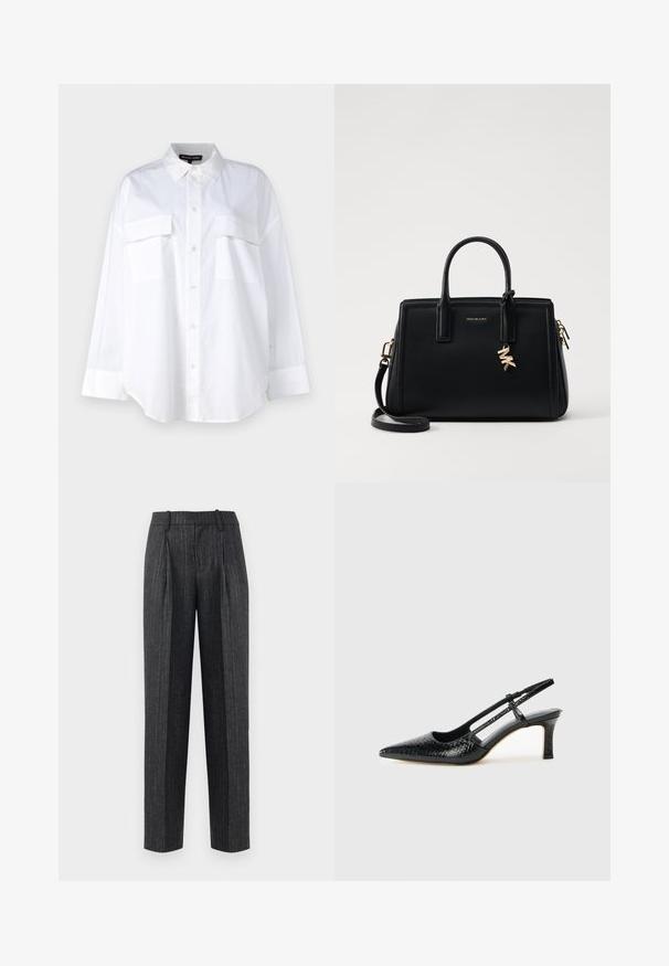 White button-up shirt made of cotton, featuring a classic collar, two chest pockets, and long sleeves with cuffs. Smooth texture.; Tailored trousers in dark gray fabric with light pinstripes, featuring a straight cut, front pleats, and a smooth texture.; Black patent slingback heel with a pointed toe, featuring textured snake print, adjustable strap, and a short, textured block heel.; Black leather handbag with structured design, dual top handles, detachable shoulder strap, gold hardware, and a logo charm accent.