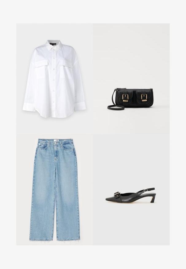 Bílá košile na knoflíky vyrobená z bavlny, s klasickým límcem, dvěma náprsními kapsami a dlouhými rukávy s manžetami. Hladká textura.; Světle modré džínové kalhoty s širokými nohavicemi, vyrobené z denimu, s třepeným spodním lemem, klasickým designem s pěti kapsami a knoflíkovým zapínáním v pase.; Černé kožené sandály s úzkou špičkou, malým podpatkem a dekorativní sponou na nártu. Hladký povrch, minimalistický design.; Černá kožená crossbody taška se dvěma předními kapsami, zlatými přezkami, zipovým uzávěrem a štíhlým popruhem. Texturovaný povrch a kompaktní obdélníkový tvar.