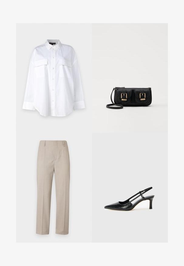 Hvit knapp-up skjorte laget av bomull, med klassisk krage, to brystlommer og lange ermer med mansjetter. Glatt tekstur.; Beige skreddersydde bukser med rette ben, som har en glatt tekstur, to frontfolder og sidelommer.; Sorte patent slingback hæl med spids tå, featuring tekstureret slangeskind, justerbar rem og en kort, tekstureret blokhæl.; Svart skinn crossbody veske med to frontlommer, gyldne spenner, glidelåslukking og en slank stropp. Teksturert overflate og kompakt rektangulær form.