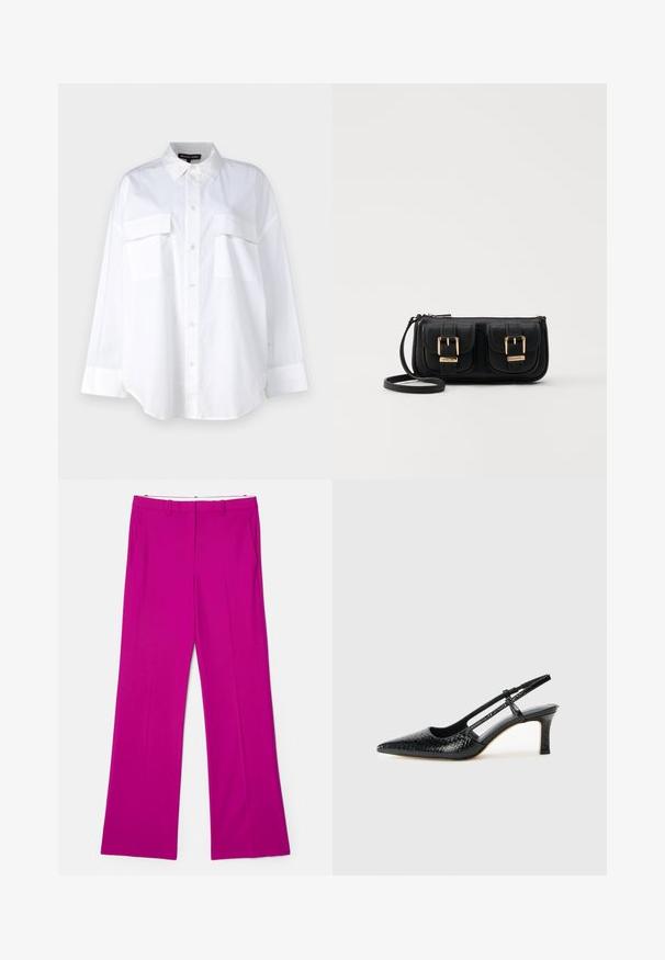 Valge puuvillane särk, millel on klassikaline krae, kaks rinna taskut ja pikad varrukad mansettidega. Sile tekstuur.; Fuksia laiad püksid siledast tekstuurist, millel on esiosa taskud ja kohandatud disain struktureeritud välimuse jaoks.; Mustmust paelad, millel on terav varvas, tekstuuriga maduprindiga, reguleeritav rihm ja lühike tekstuuriga plokknina.; Must küllastamata nahast õlakott, millel on kaks esist nähtavat taskut, kuldsed pandlad, tõmblukuga sulgemine ja peen rihm. Tekstuuriga pind ja kompaktne ristkülikukujuline kuju.