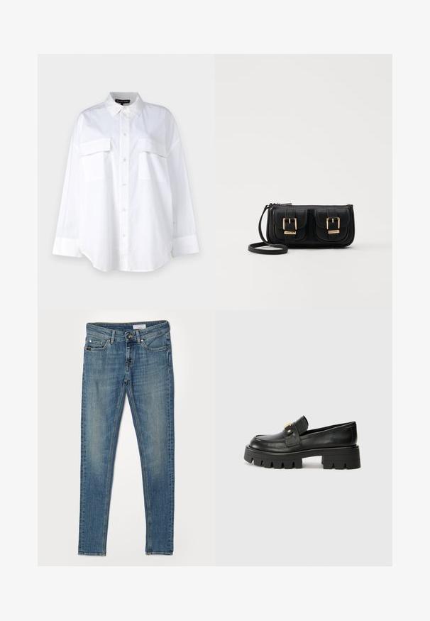 Bjela košulja s dugim rukavima napravljena od pamuka, s klasičnom kragnom, dva džepa na prsima i manžetama. Glatka tekstura.; Uske traperice u svijetloplavom denimu. Ima pet džepova, patentni zatvarač i kontrastno žutu šavnu obrubu na šavovima i džepovima.; Crne kožne loafersice s debelim potplatom, s zlatnim akcentom sprijeda i glatkim završetkom. Debeli uzorak na potplatu.; Crna kožna torba preko ramena s dva prednja džepa, zlatnim kopčama, zatvaranjem na zip i uskim remenom. Teksturirana površina i kompaktan pravokutan oblik.