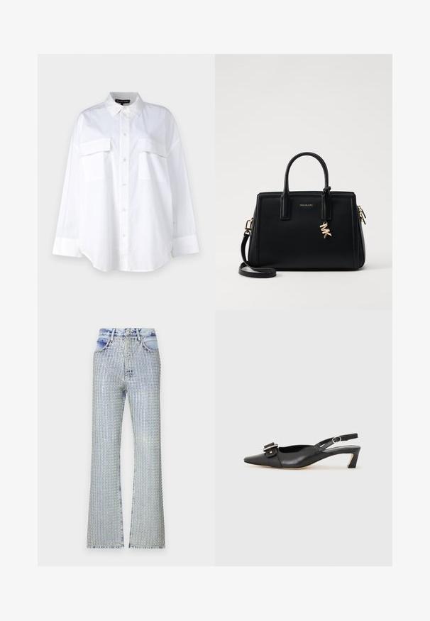 Cămașă albă cu nasturi, confecționată din bumbac, cu guler clasic, două buzunare pe piept și mâneci lungi cu manșete. Textură netedă.; Blugi flared din denim bleu deschis, cu un model în grilă de străluciri argintii, cu un design cu talie înaltă și margini desfăcute.; Pantofii negri din piele cu toc mic, vârf ascuțit și detaliu decorativ cu cataramă pe partea superioară. Textură netedă, design minimal.; Geantă de mână din piele neagră cu un design structurat, mânere superioare duble, curea de umăr detasabilă, accesorii din aur și un pandantiv cu logo.